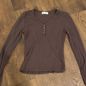 Women's Brown Ribbed Henley Long Sleeve Top